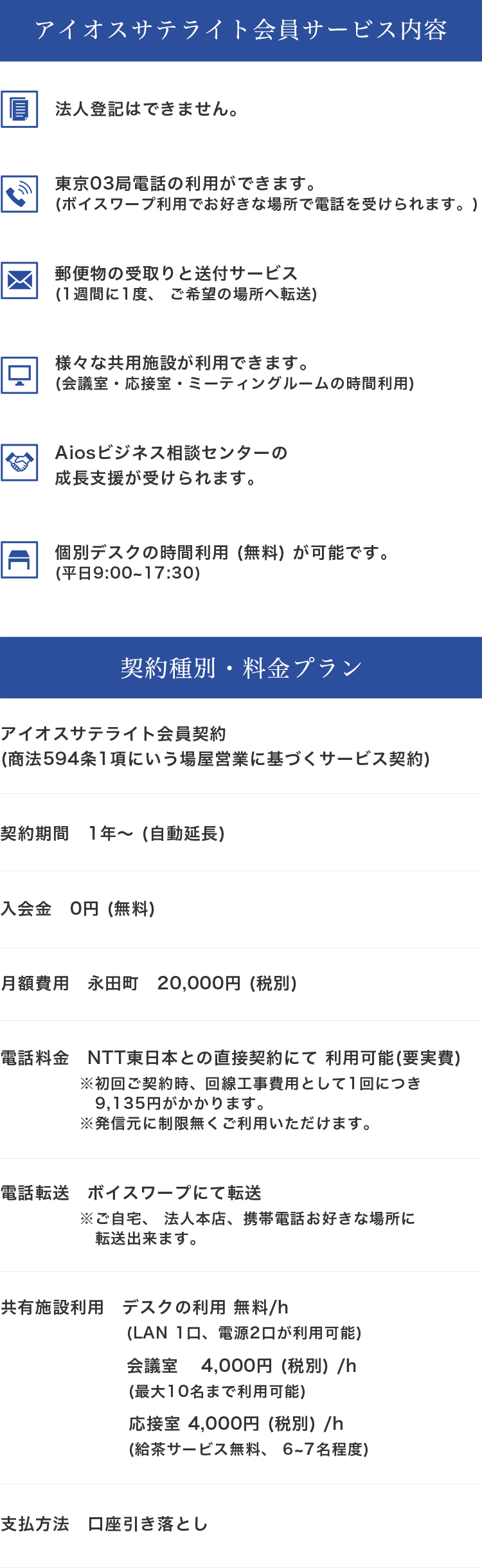 アイオスのサテライトオフィスなら月々わずか20,000円（税別）利用できます。